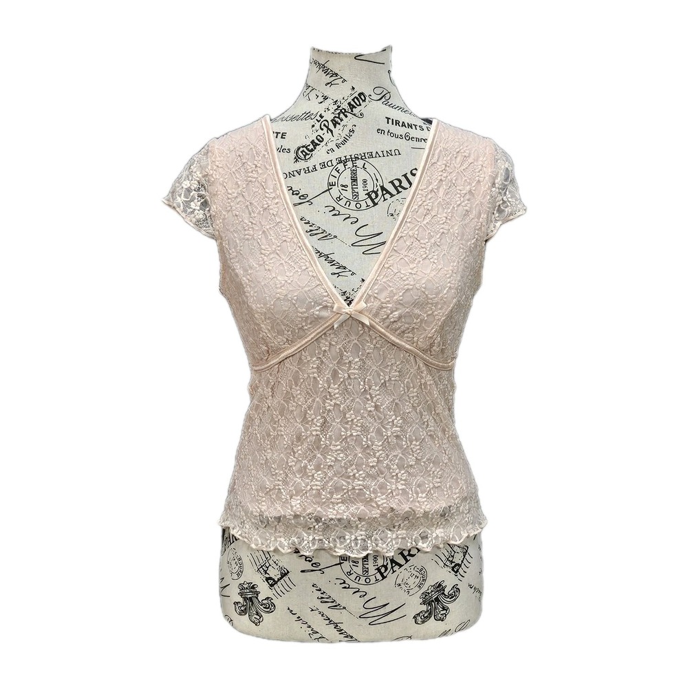 Lace Babydoll Top Women M Pink Coquette Y2K Cap Sleeve Ethereal Balletcore Fairy